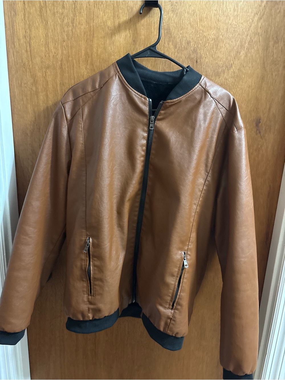 Brown Faux Leather Bomber Jacket with Black Trim